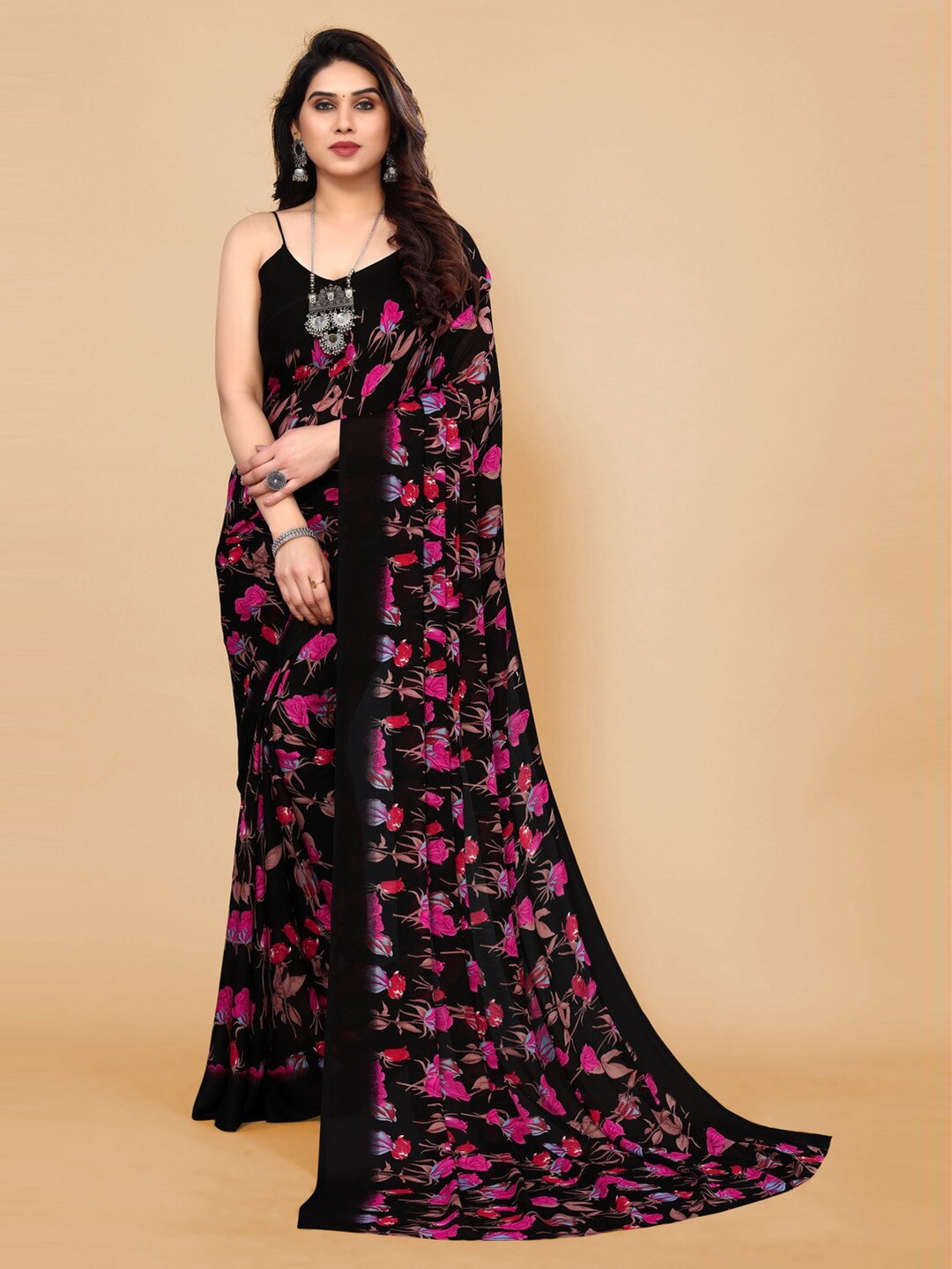 

ANAND SAREES Floral Printed Pure Georgette Saree, Black