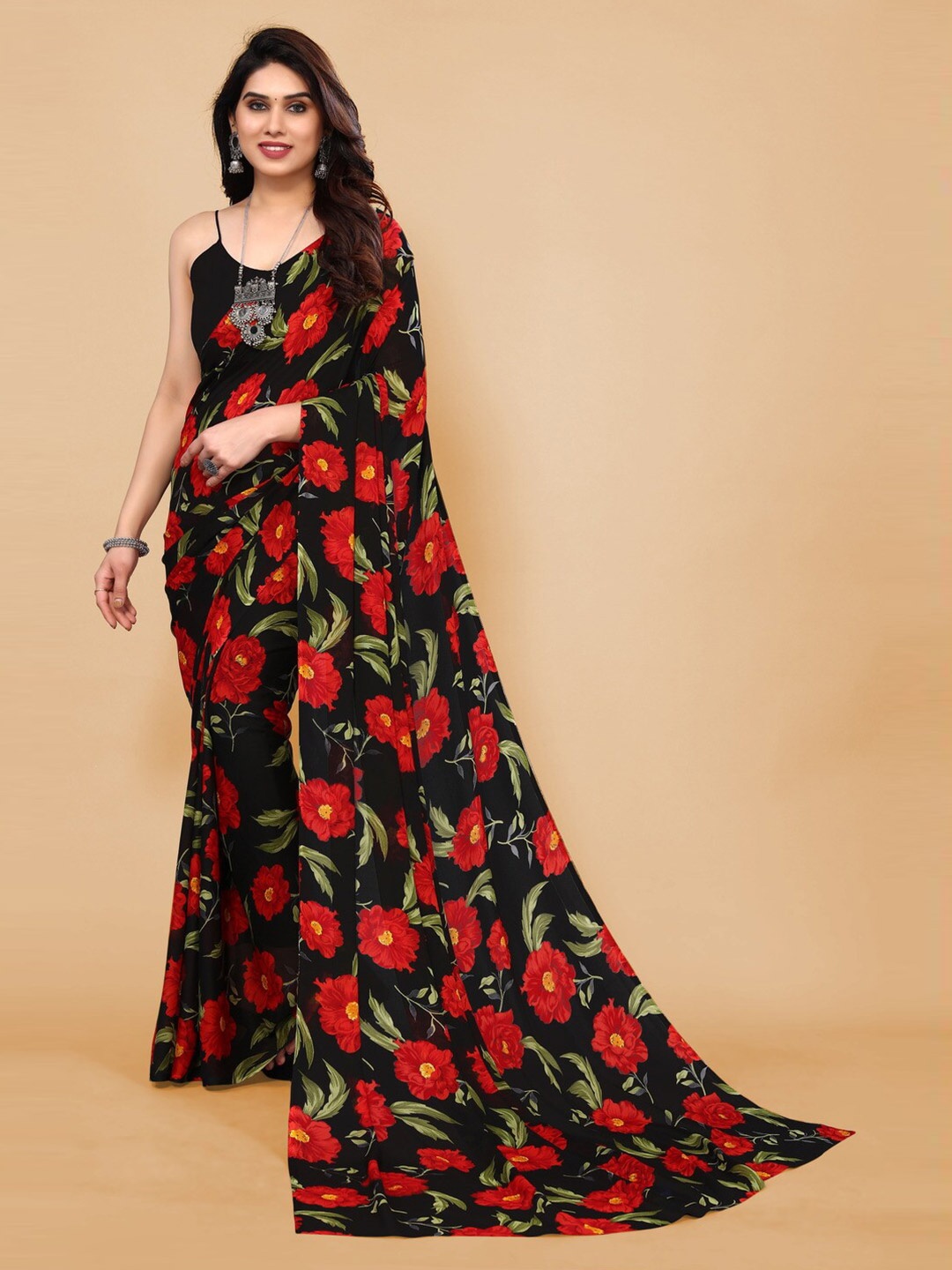 

ANAND SAREES Floral Printed Pure Georgette Saree, Black