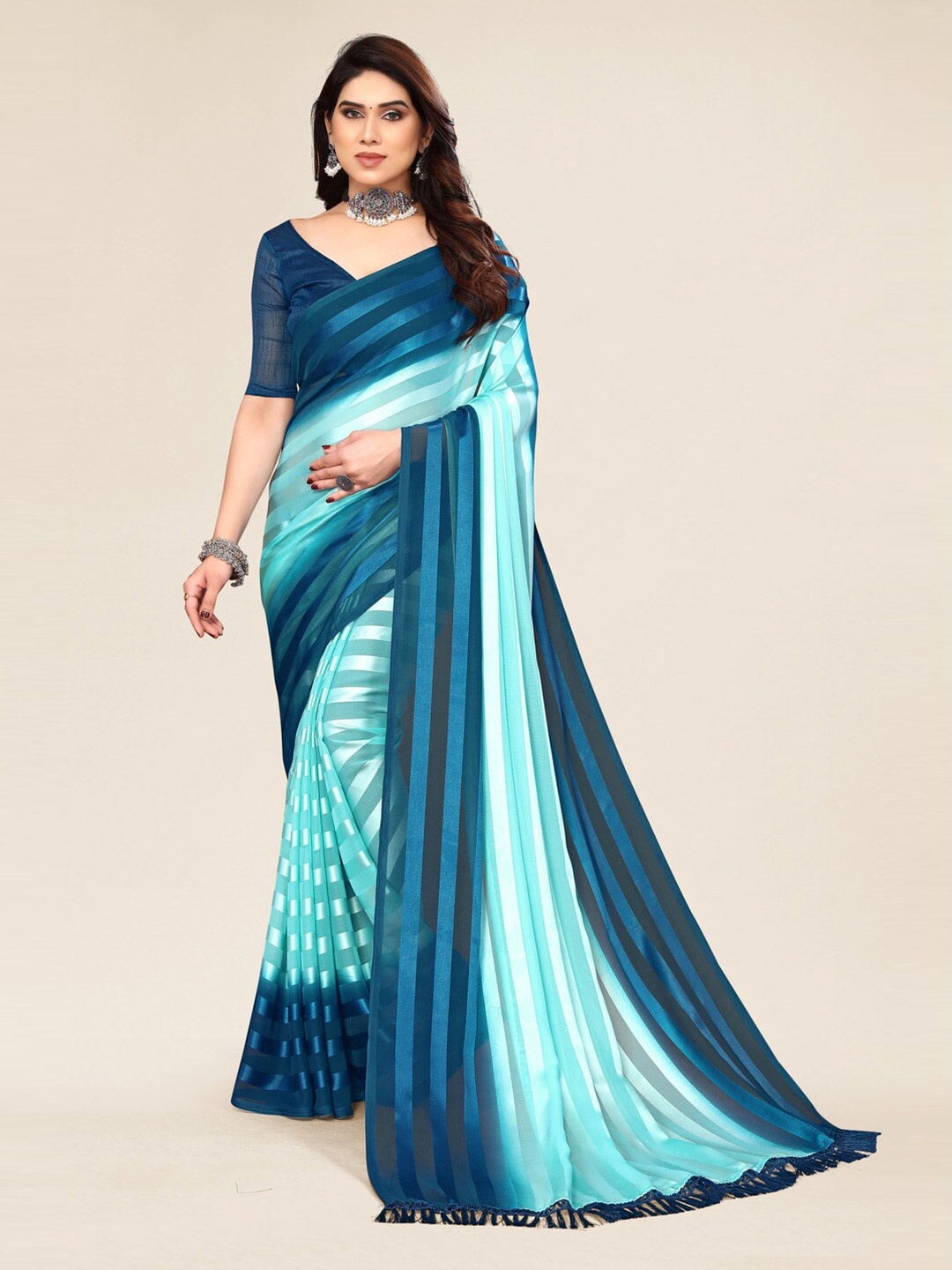 

KALINI Striped Satin Saree, Blue