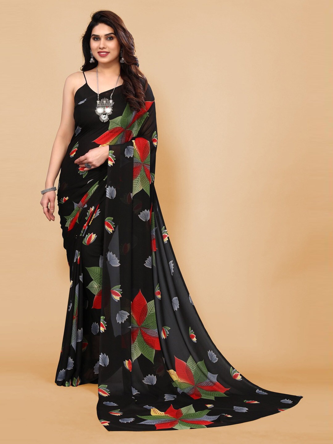 

ANAND SAREES Floral Printed Pure Georgette Saree, Black