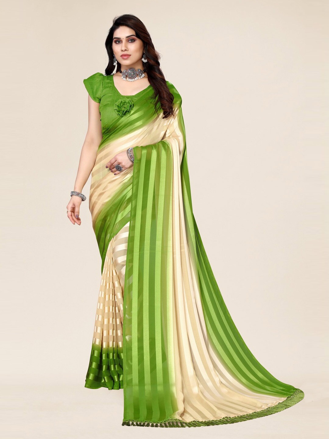 

ANAND SAREES Striped Satin Saree, Green
