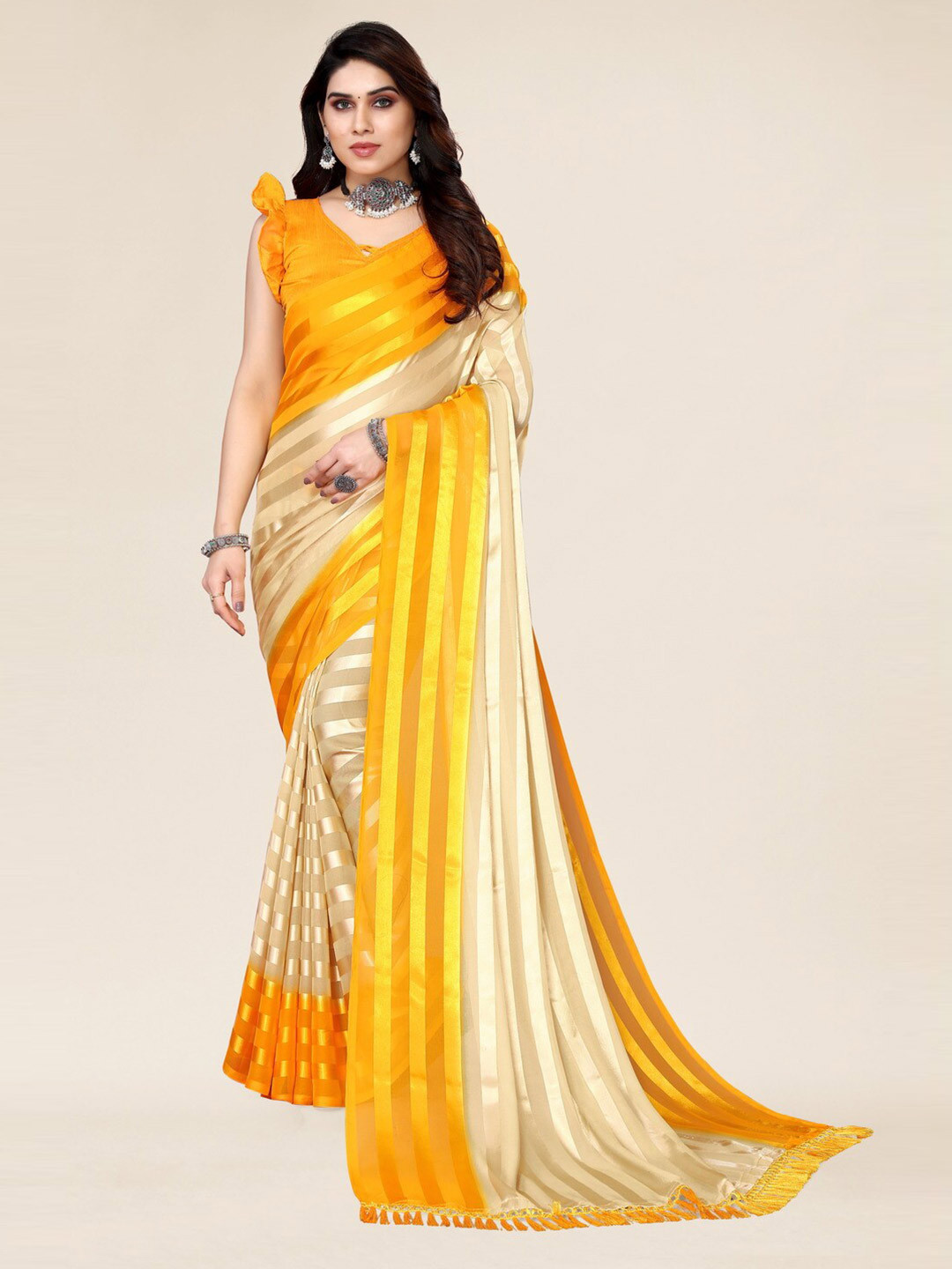 

ANAND SAREES Striped Satin Saree, Yellow