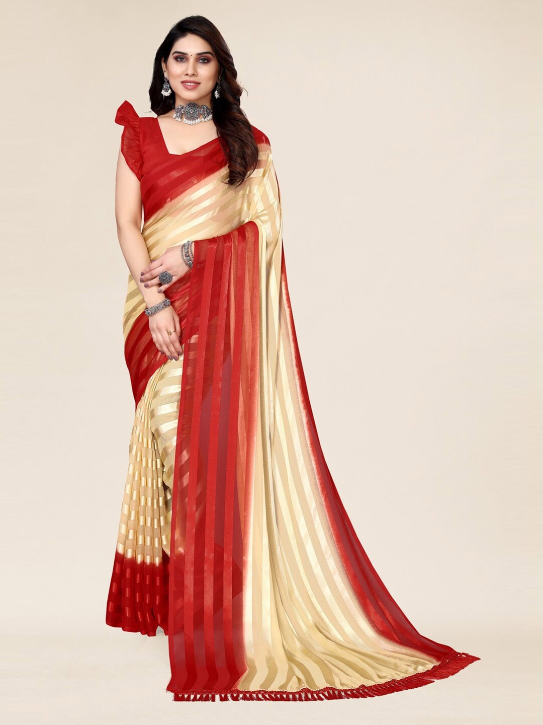 

ANAND SAREES Striped Satin Saree, Red