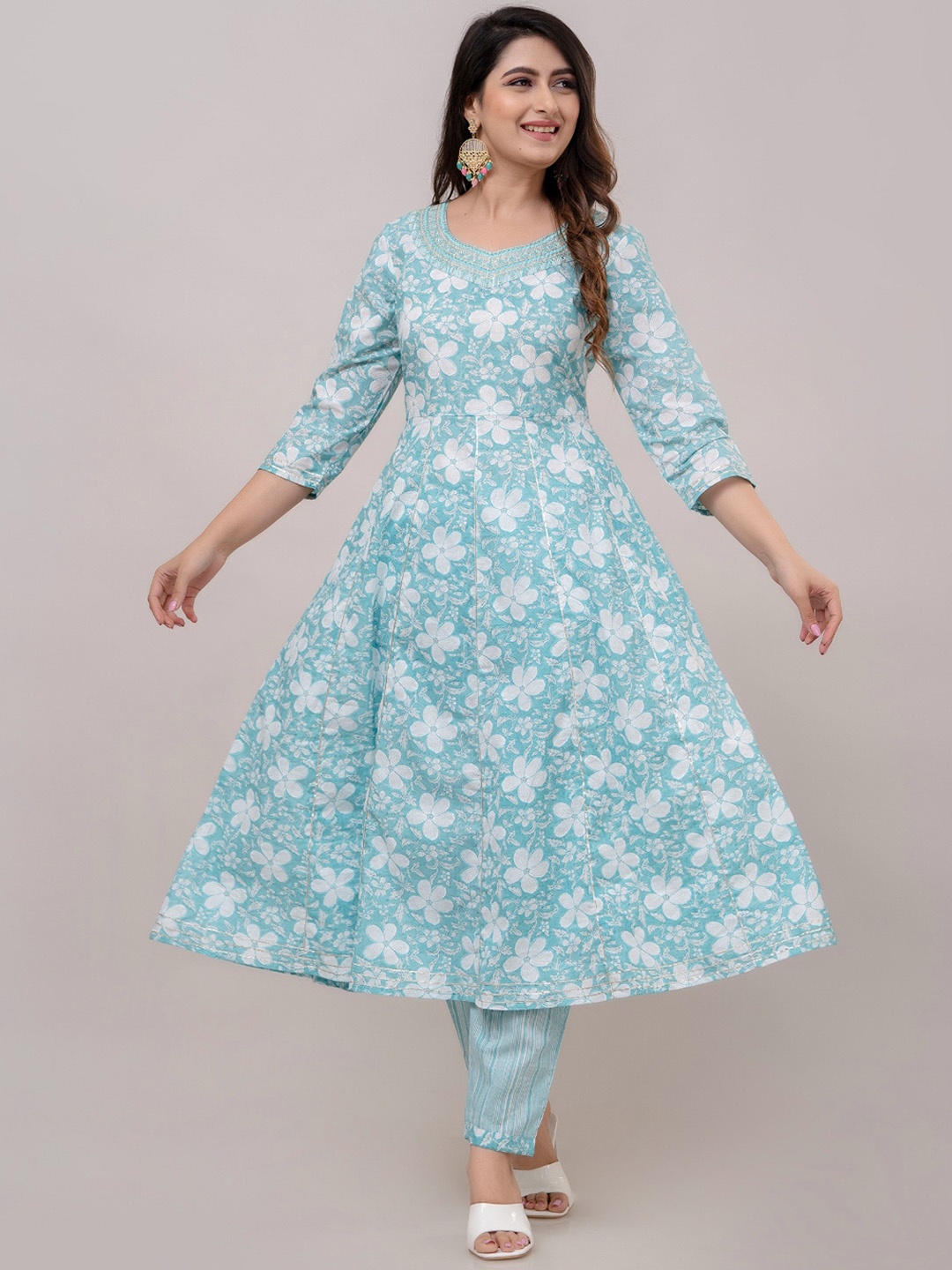 

FrionKandy Floral Printed Pure Cotton Anarkali Kurta With Trousers & Dupatta, Turquoise blue