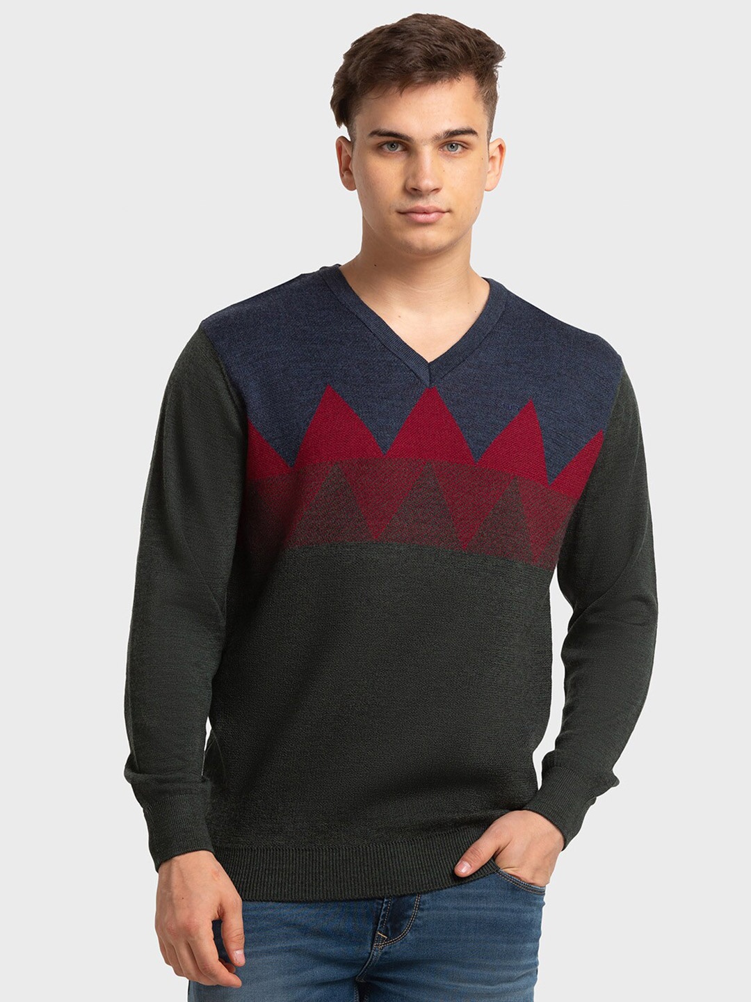 ColorPlus Geometric Self Design Long Sleeves Pullover, Grey