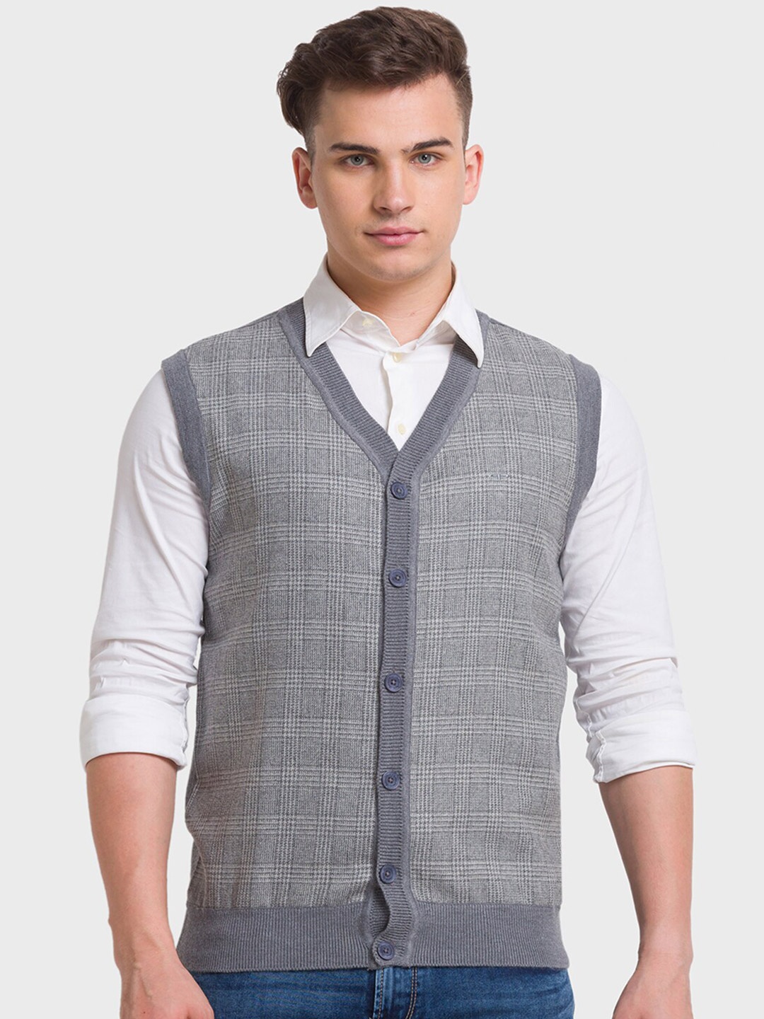 

ColorPlus Classic Fit Checked Cardigan Sweater, Grey