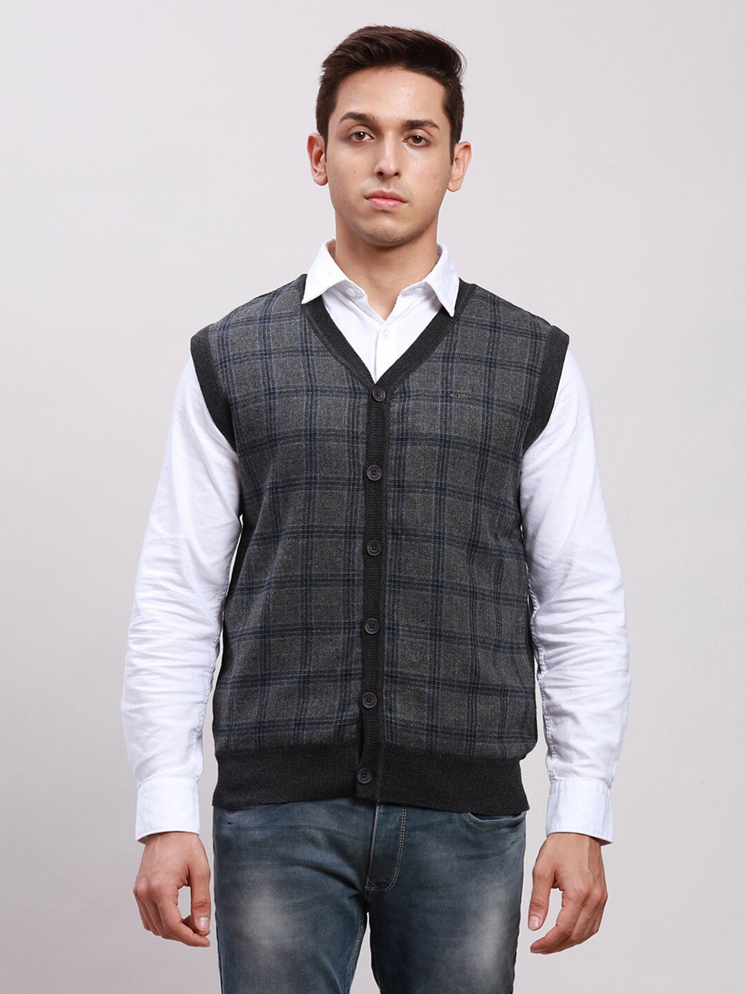 

ColorPlus Classic Fit Checked Cardigan Sweater, Grey