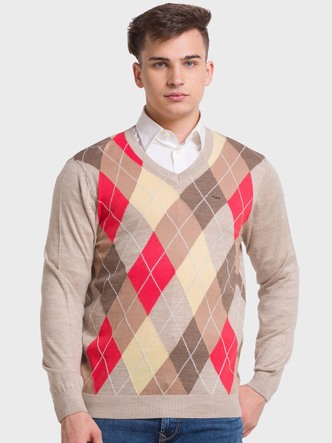 

ColorPlus Printed V-Neck Acrylic Pullover Sweater, Beige