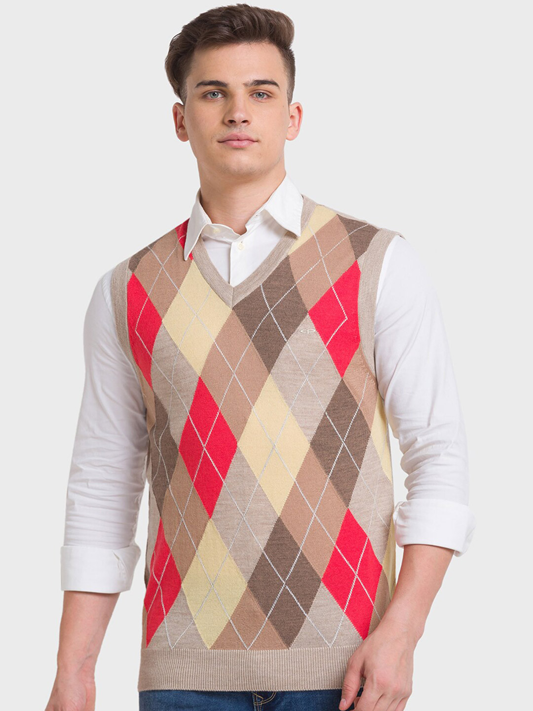 

ColorPlus Printed Acrylic Sweater Vest, Beige