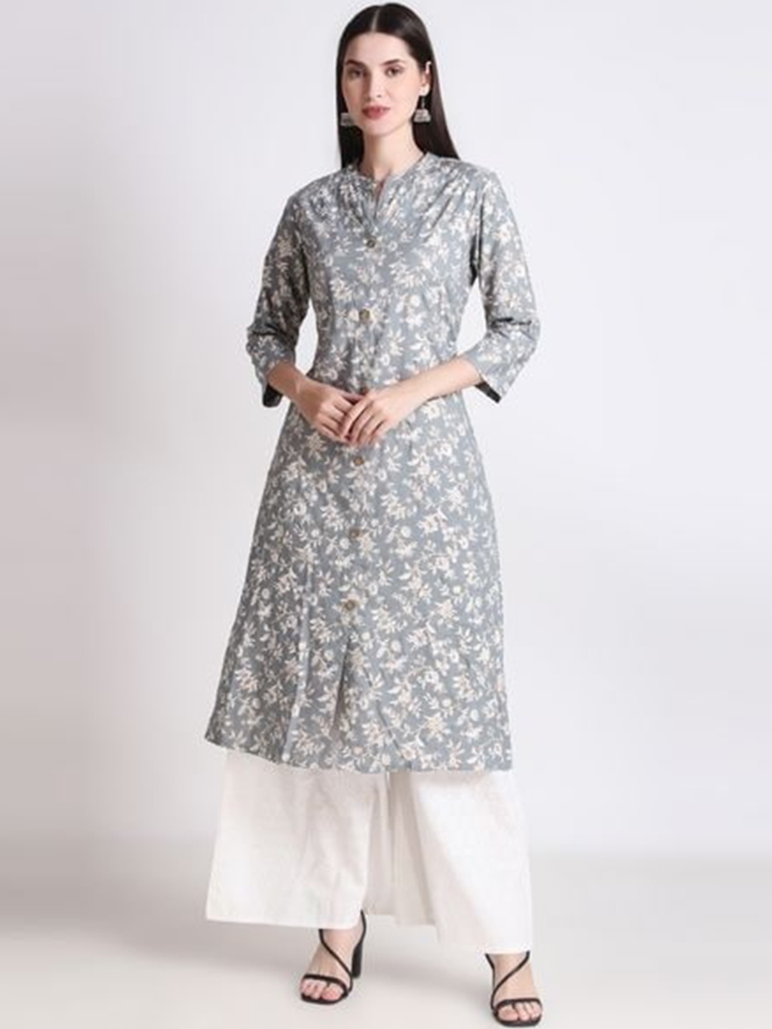 

Ichaa Floral Printed Mandarin Collar Cotton Straight Kurta, Grey