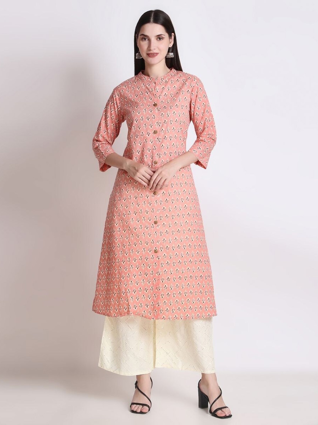 

Ichaa Ethnic Motifs Printed Mandarin Collar Cotton A-Line Kurta, Peach