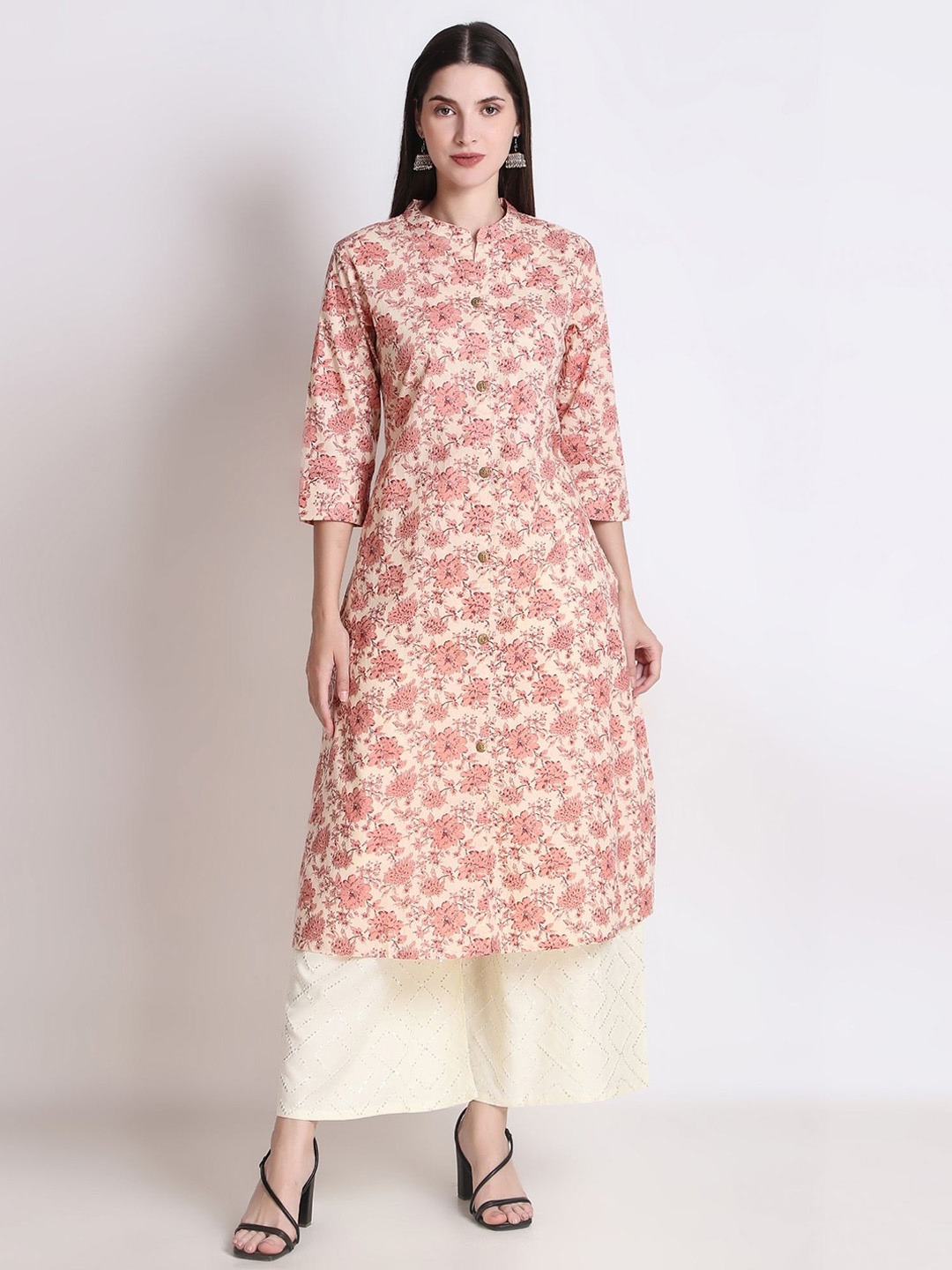 

Ichaa Floral Printed Mandarin Collar Cotton Straight Kurta, Peach