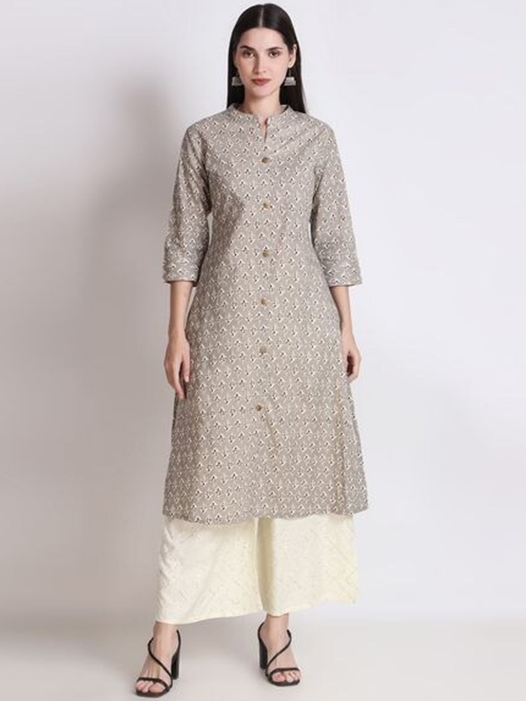 

Ichaa Ethnic Motif Printed Mandarin Collar Cotton A-Line Kurta, Grey