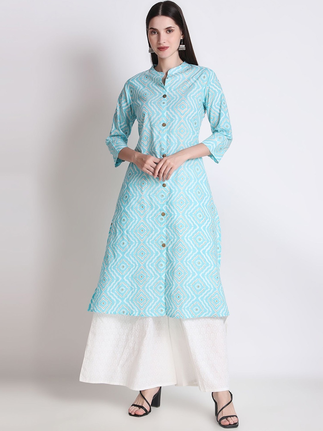 

Ichaa Ethnic Motif Printed Mandarin Collar Cotton A-Line Kurta, Blue