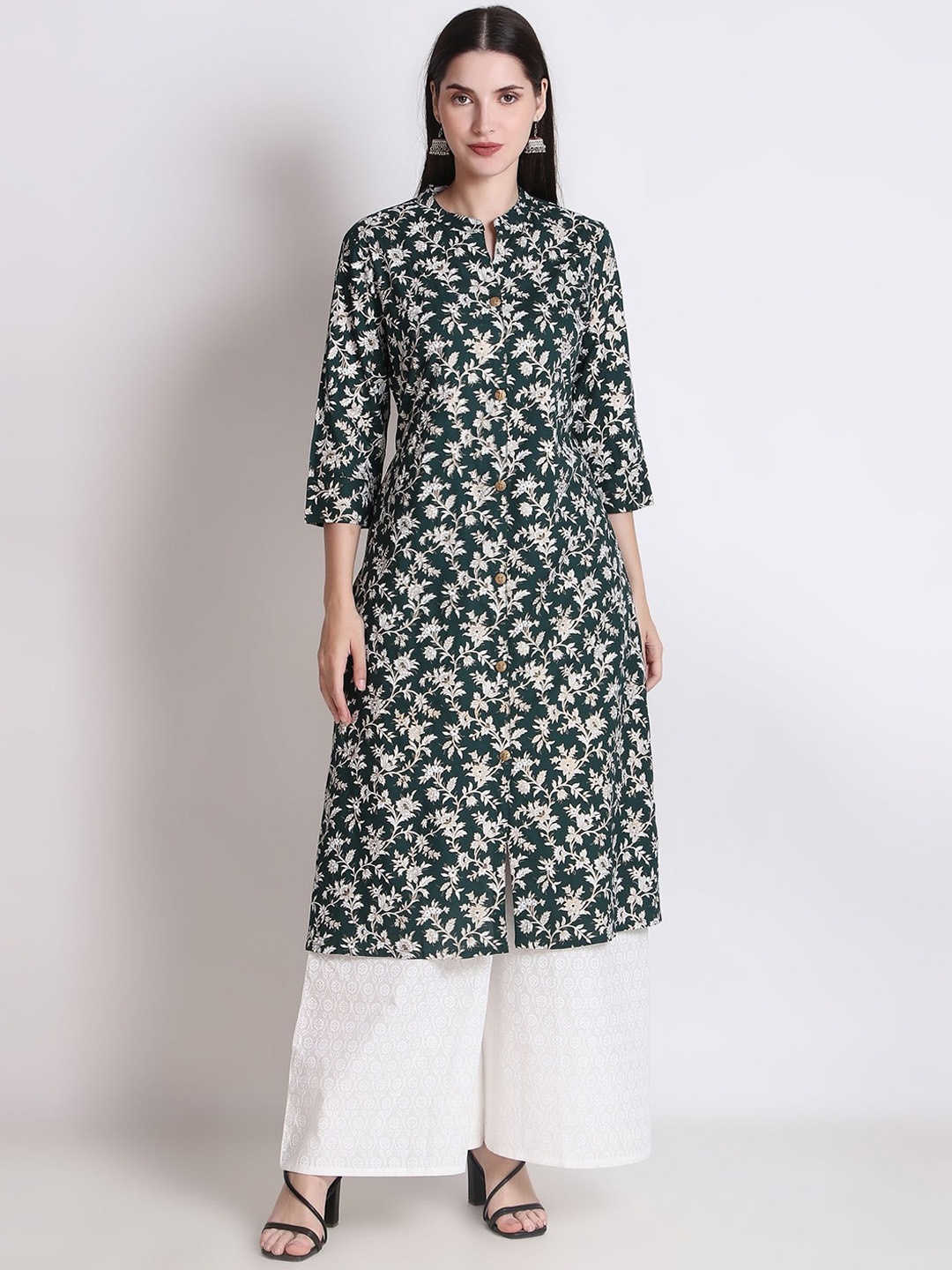 

Ichaa Floral Printed A-Line Cotton Kurta, Green