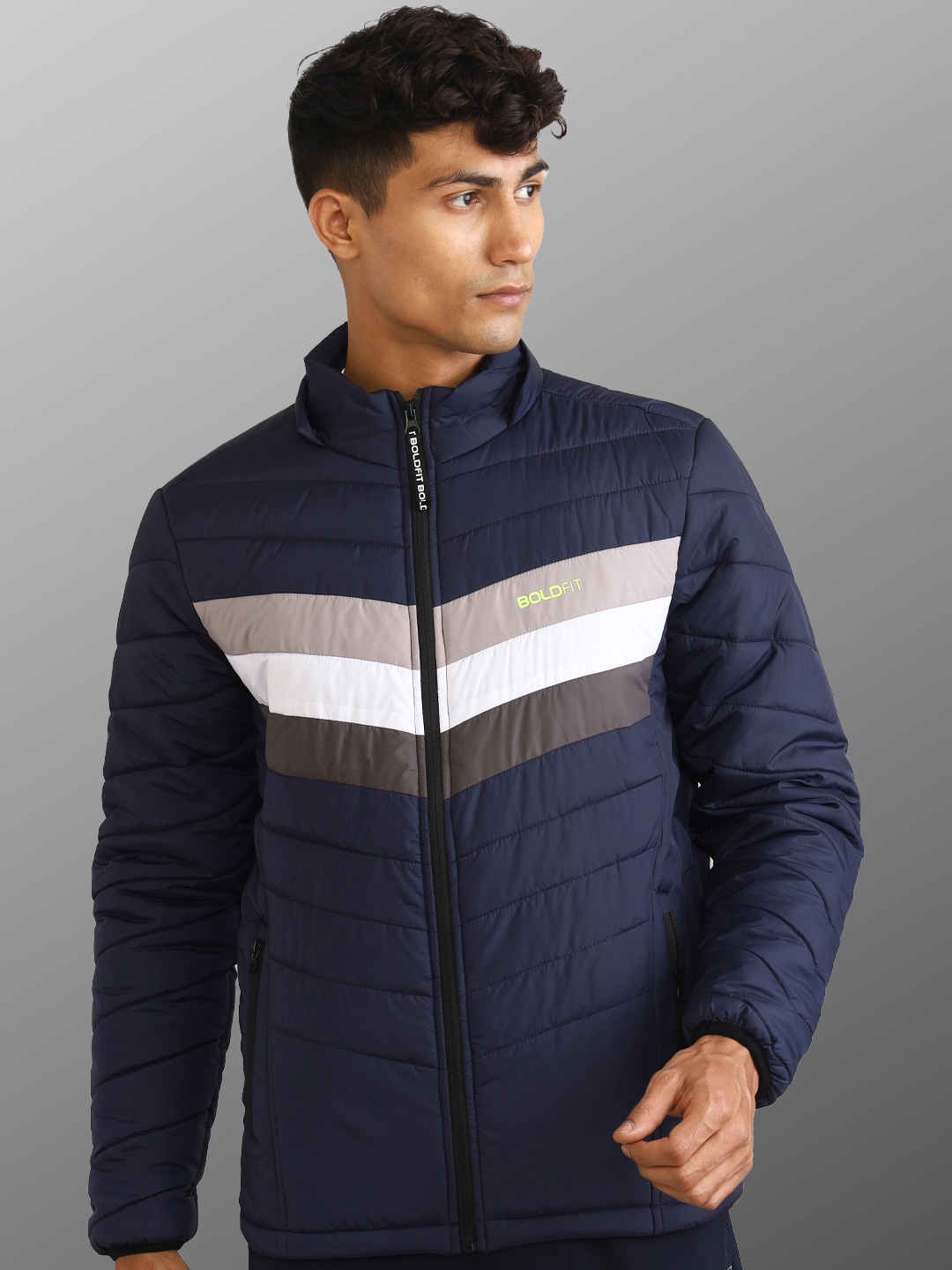 

BOLDFIT Striped Windcheater Hooded Padded Jacket, Navy blue