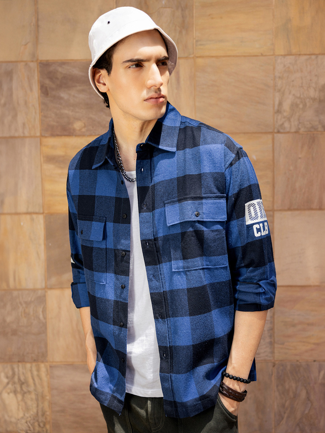 

Bewakoof Run Checked Oversized Cotton Casual Shirt, Blue