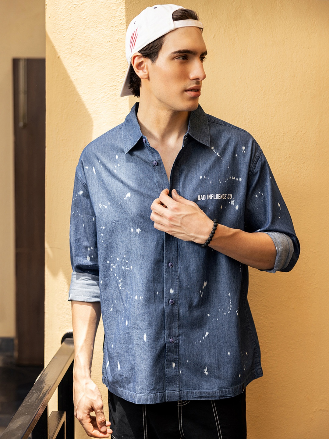 

Bewakoof Geometric Printed Oversized Cotton Shirt, Blue