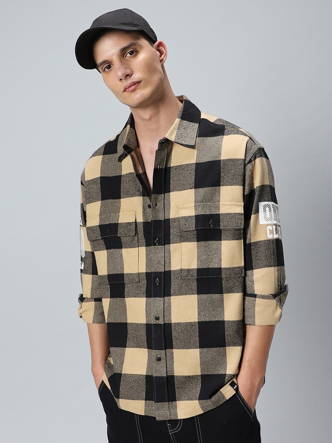 

Bewakoof Run Checked Oversized Cotton Casual Shirt, Brown