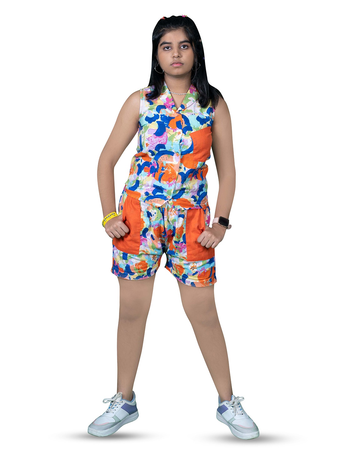 

AMPED Girls Printed Shaw Collar Pure Cotton Top & Shorts, Blue