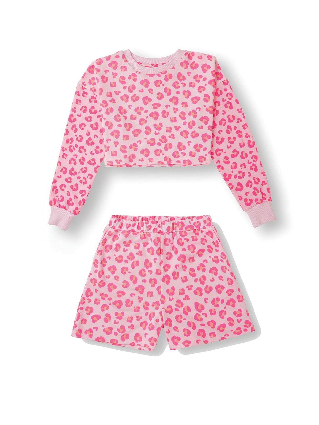 

AMPED Girls Floral Printed Long Sleeves Pure Cotton Crop Tshirt & Shorts, Pink