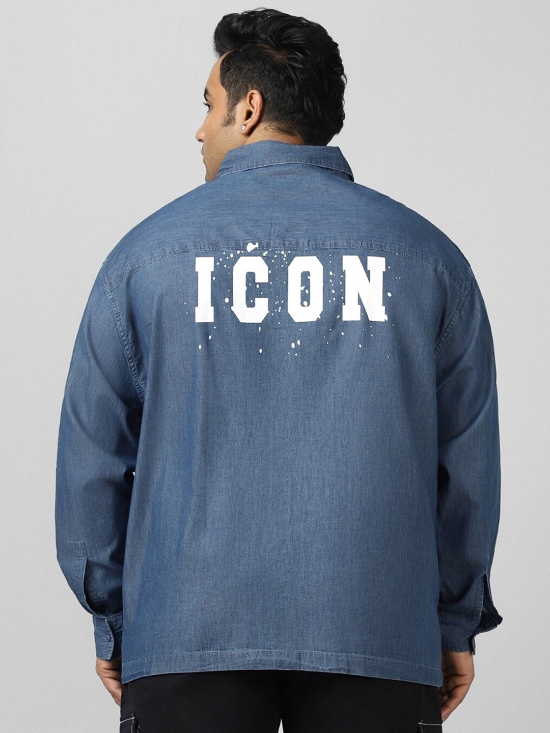 

Bewakoof Plus Typography Printed Spread Collar Cotton Oversized Shirt, Blue