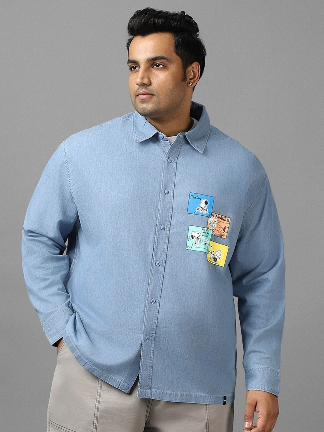 

Bewakoof Plus Snoopy Printed Spread Collar Cotton Oversized Shirt, Blue