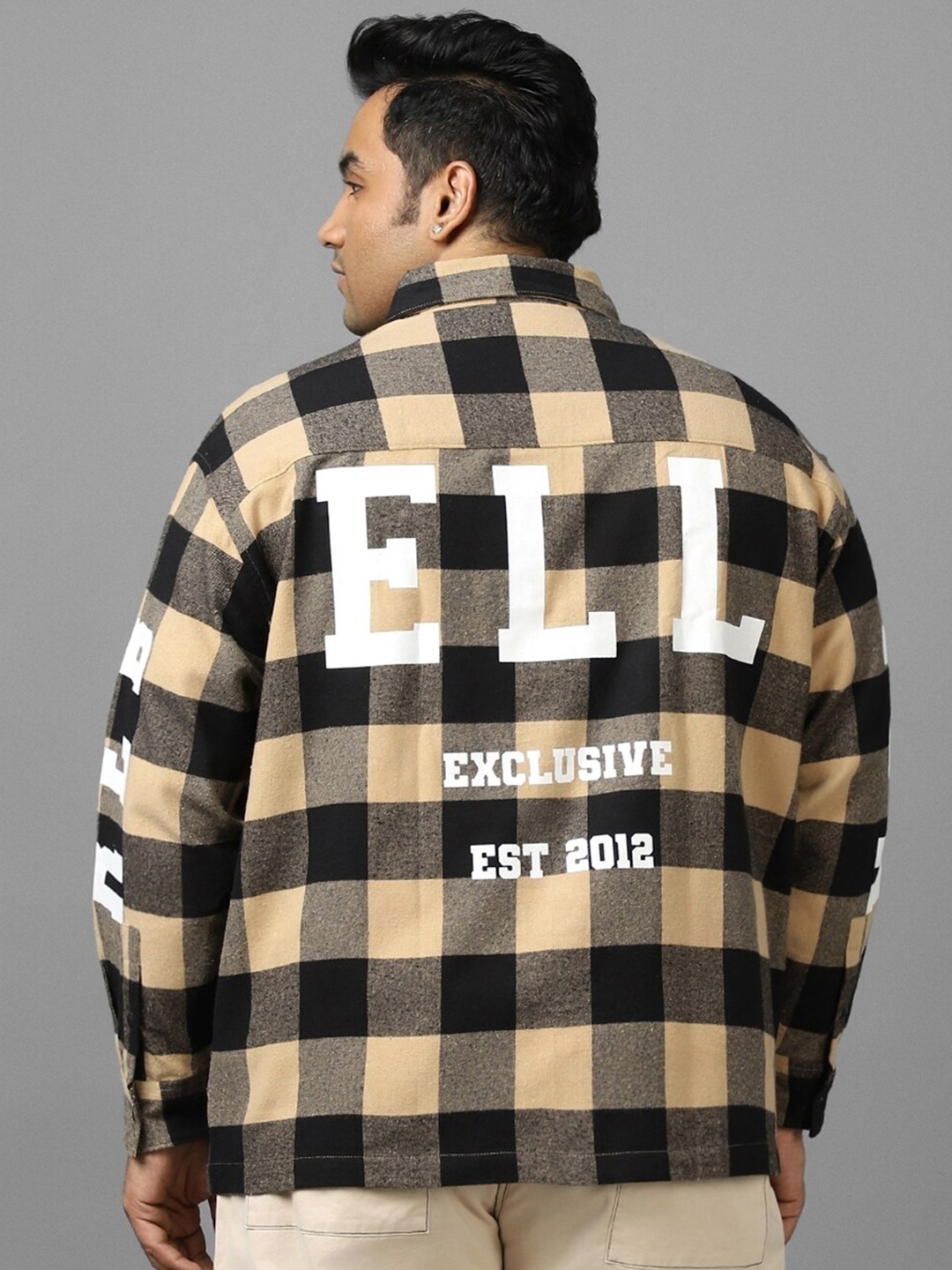

Bewakoof Plus Buffalo Checked Spread Collar Cotton Oversized Shirt, Beige