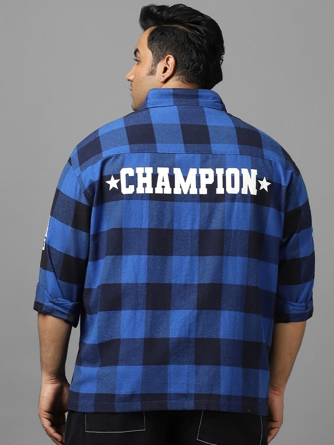 

Bewakoof Plus Buffalo Checked Spread Collar Cotton Oversized Shirt, Blue