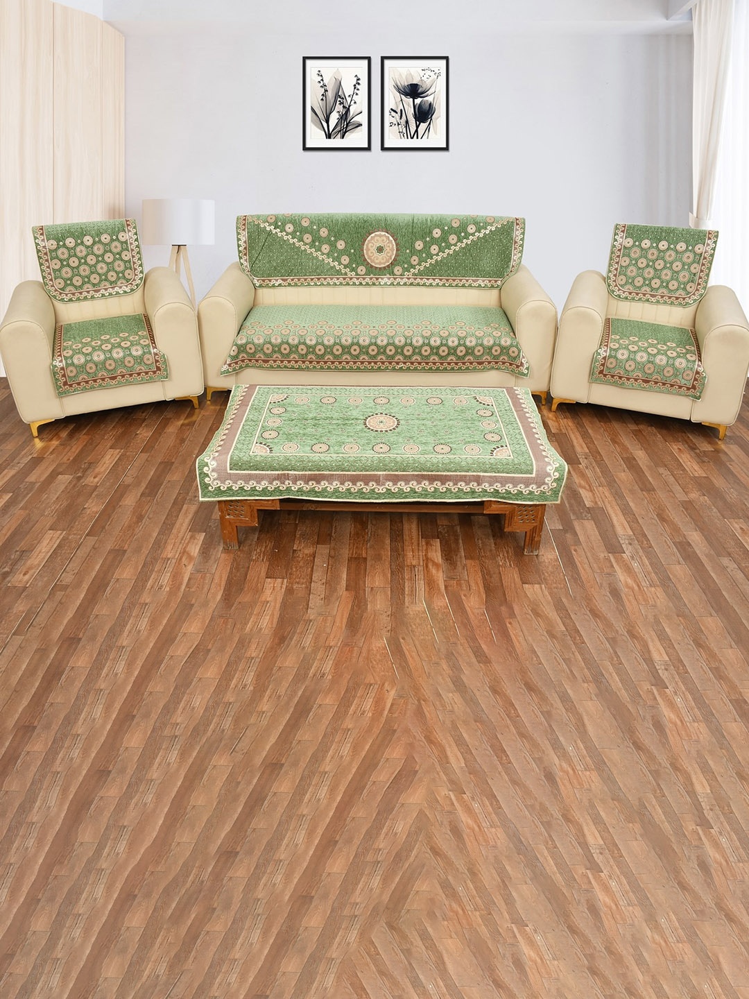 

MULTITEX 7 Pcs Green & Beige Printed Velvet 5-Seater Sofa Cover with 1 Table Cover