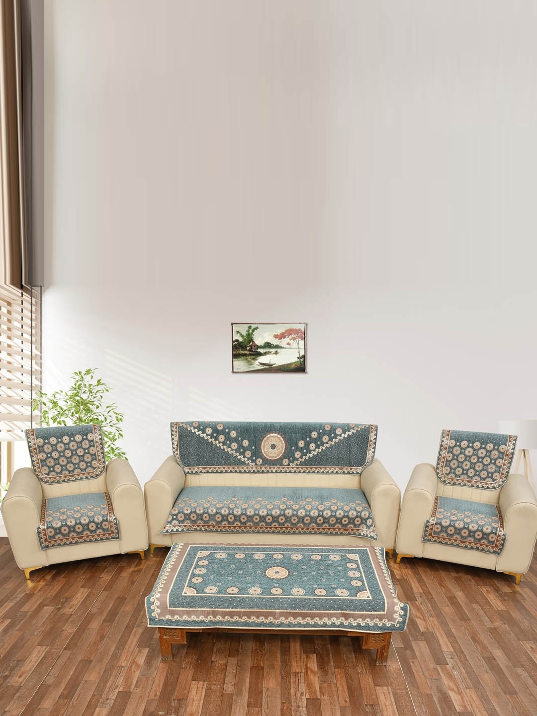 

MULTITEX 7 Pcs Blue & Beige Printed Velvet 5-Seater Sofa Cover with 1 Table Cover
