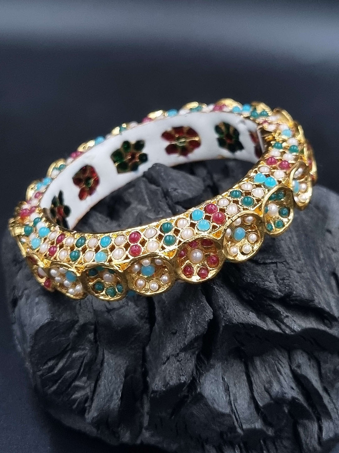 

Anouk Gold Plated Pearl Studded Ethnic Rajasthani Bangles, Turquoise blue