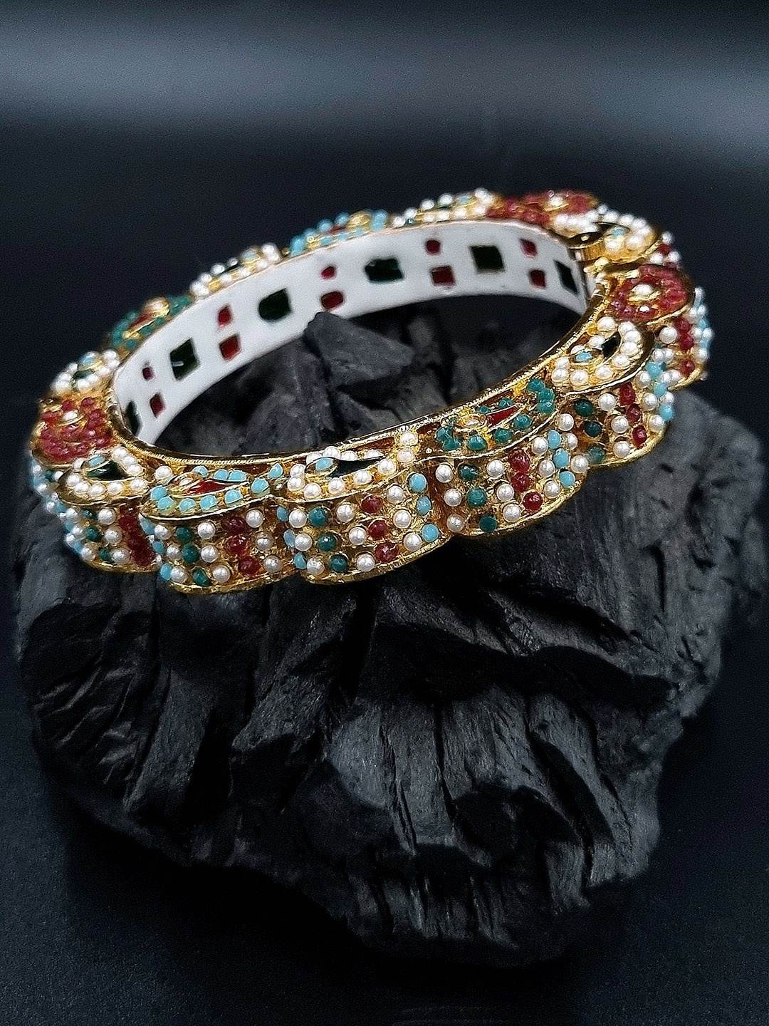 

Anouk Gold Plated Pearl Studded Ethnic Rajasthani Bangles, Turquoise blue