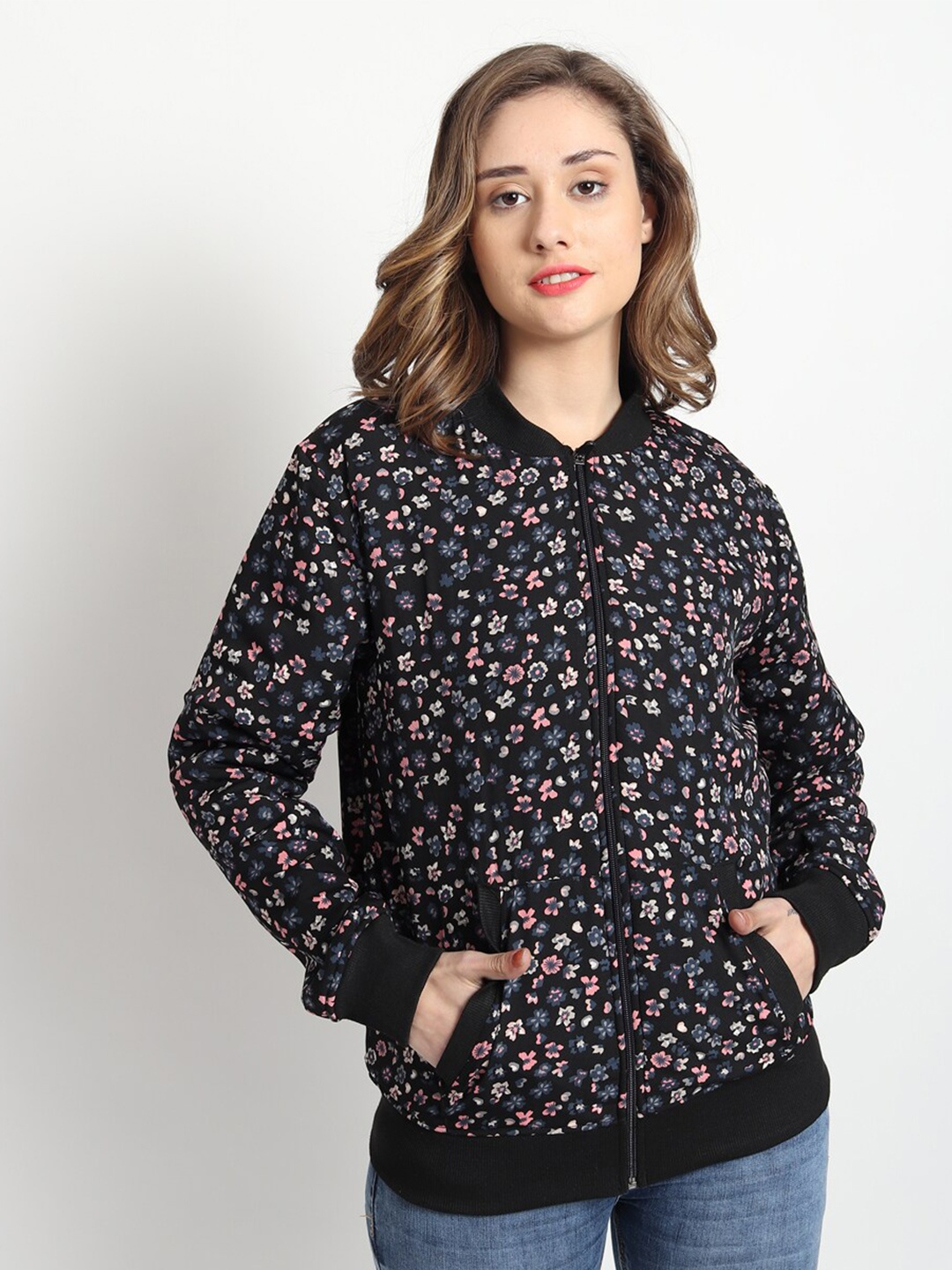 

ISAM Floral Printed Fleece Bomber Jacket, Black