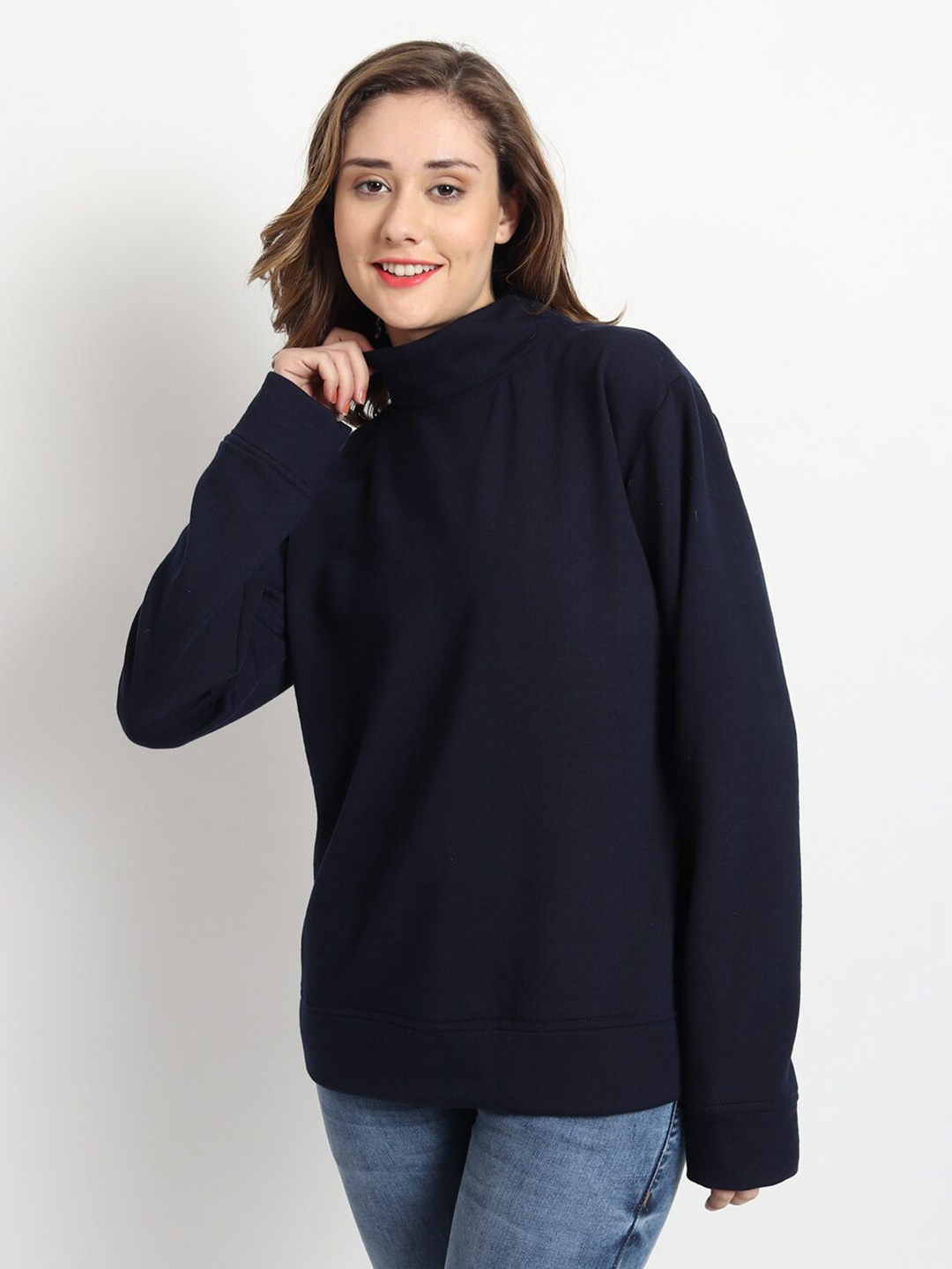 

ISAM High Neck Long Sleeves Fleece Pullover, Navy blue