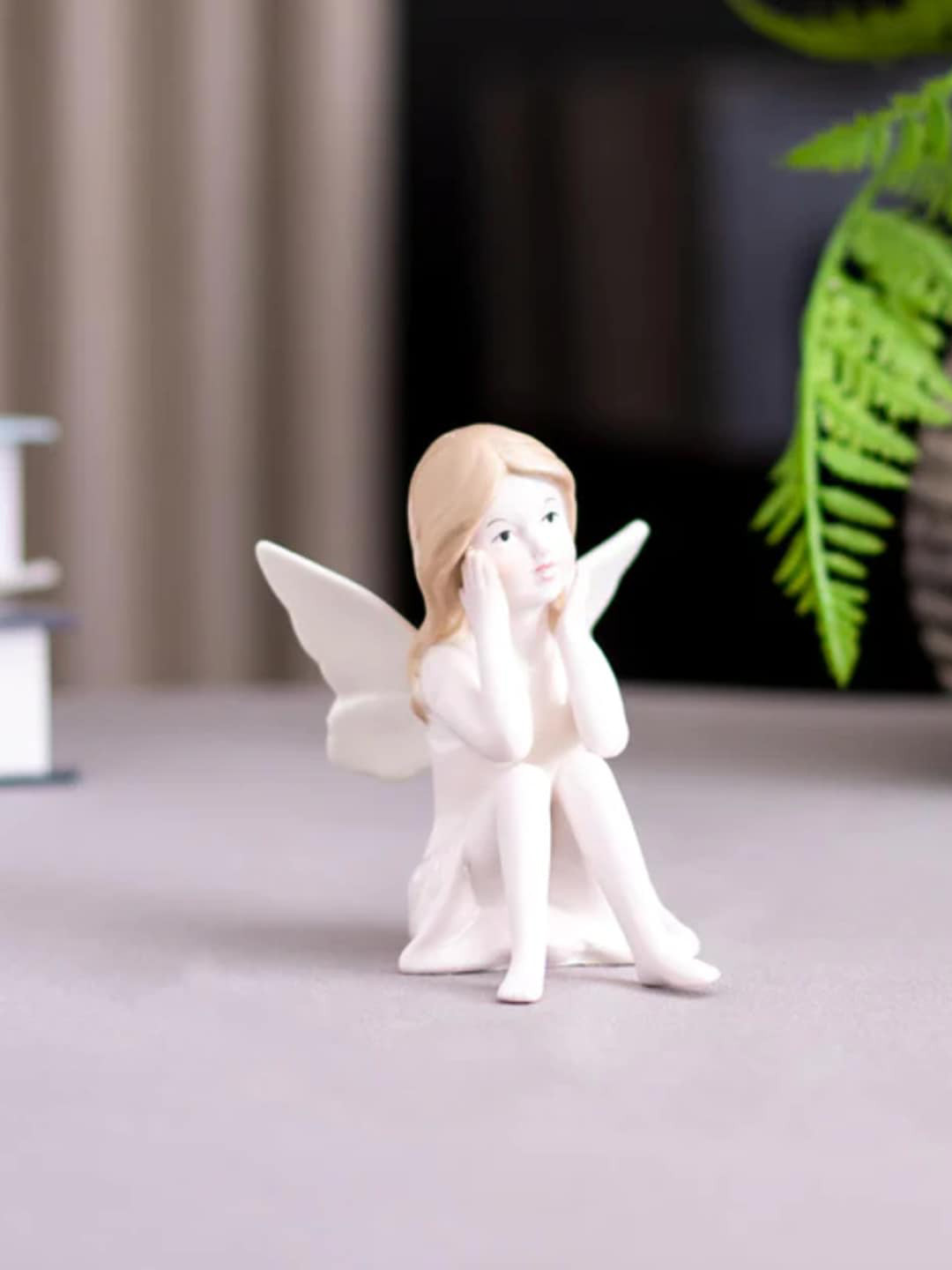 

THEDECORKART White & Beige Textured Angel Girl Ceramic Figurine Showpiece