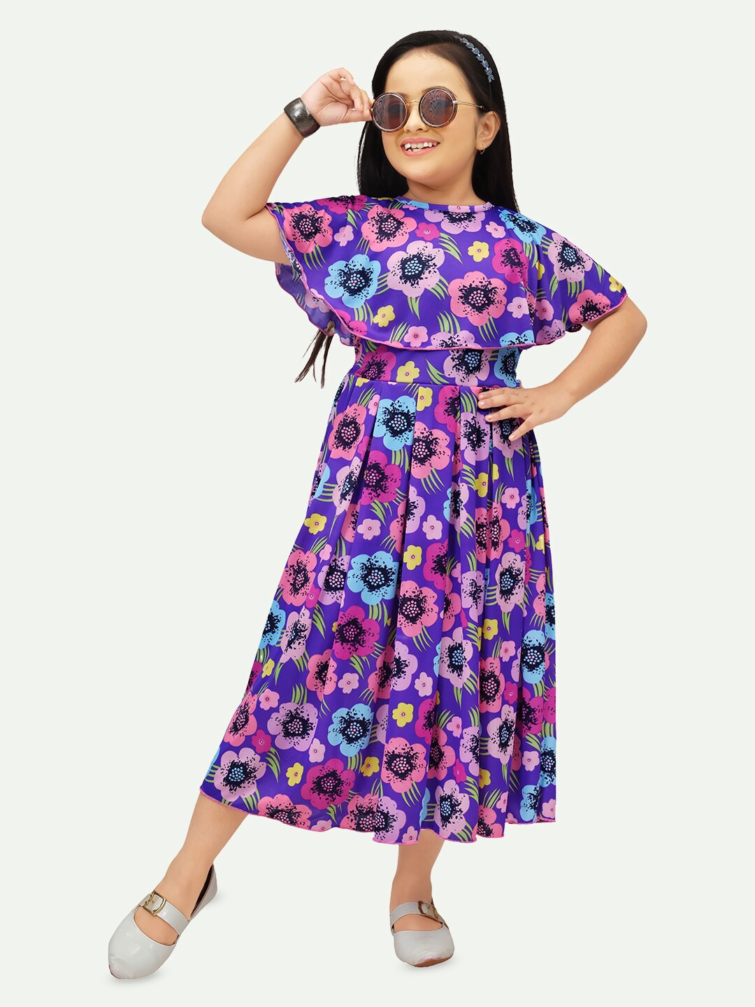 

BAESD Girls Floral Printed Flared Sleeves Ruffles Fit & Flare Maxi Dress, Purple