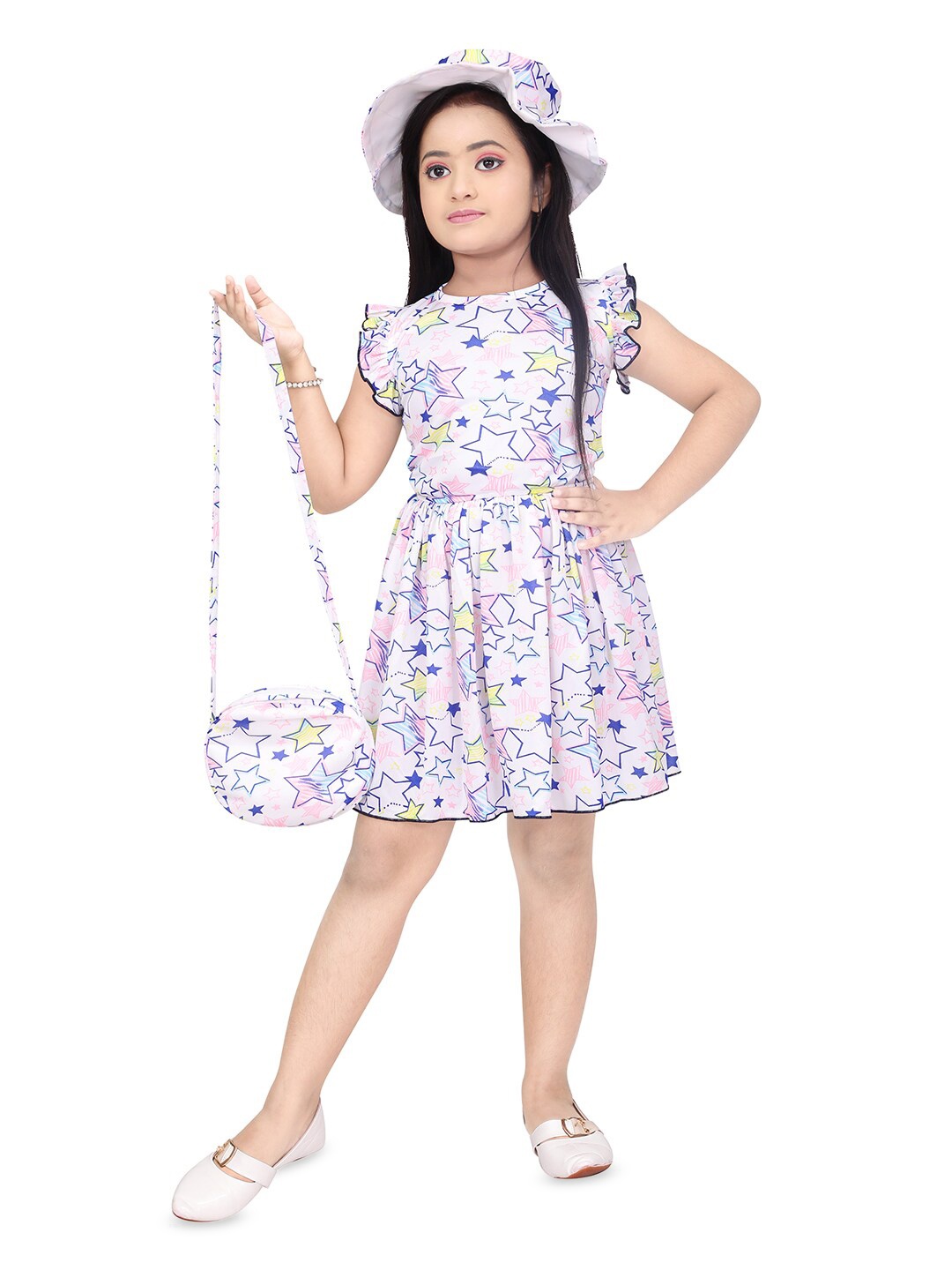 

BAESD Girls Conversational Printed Flutter Sleeves Cotton Fit & Flare Dress, White
