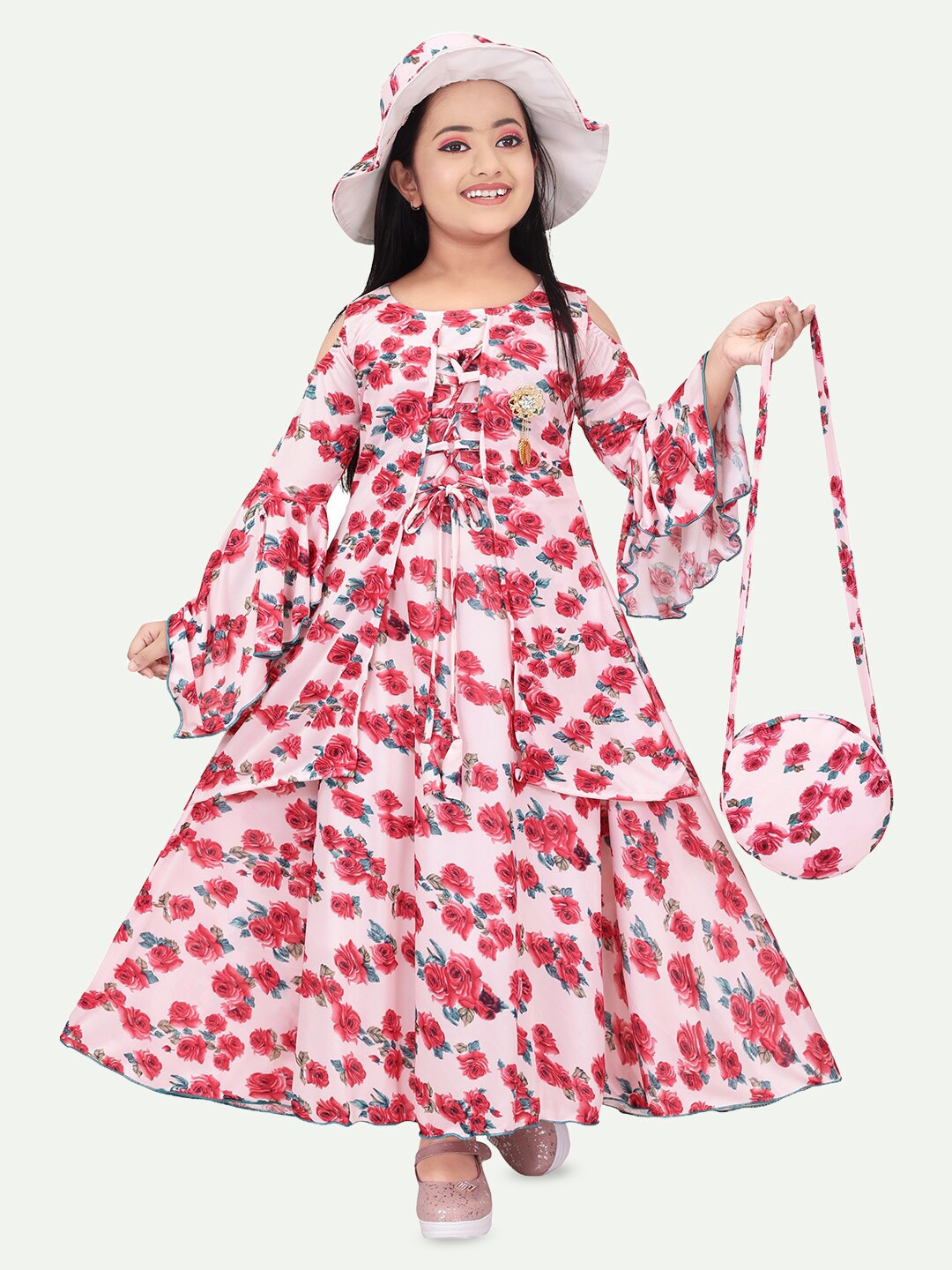 

BAESD Girls Floral Printed Cold Shoulder Sleeves Cotton Maxi Dress, Red