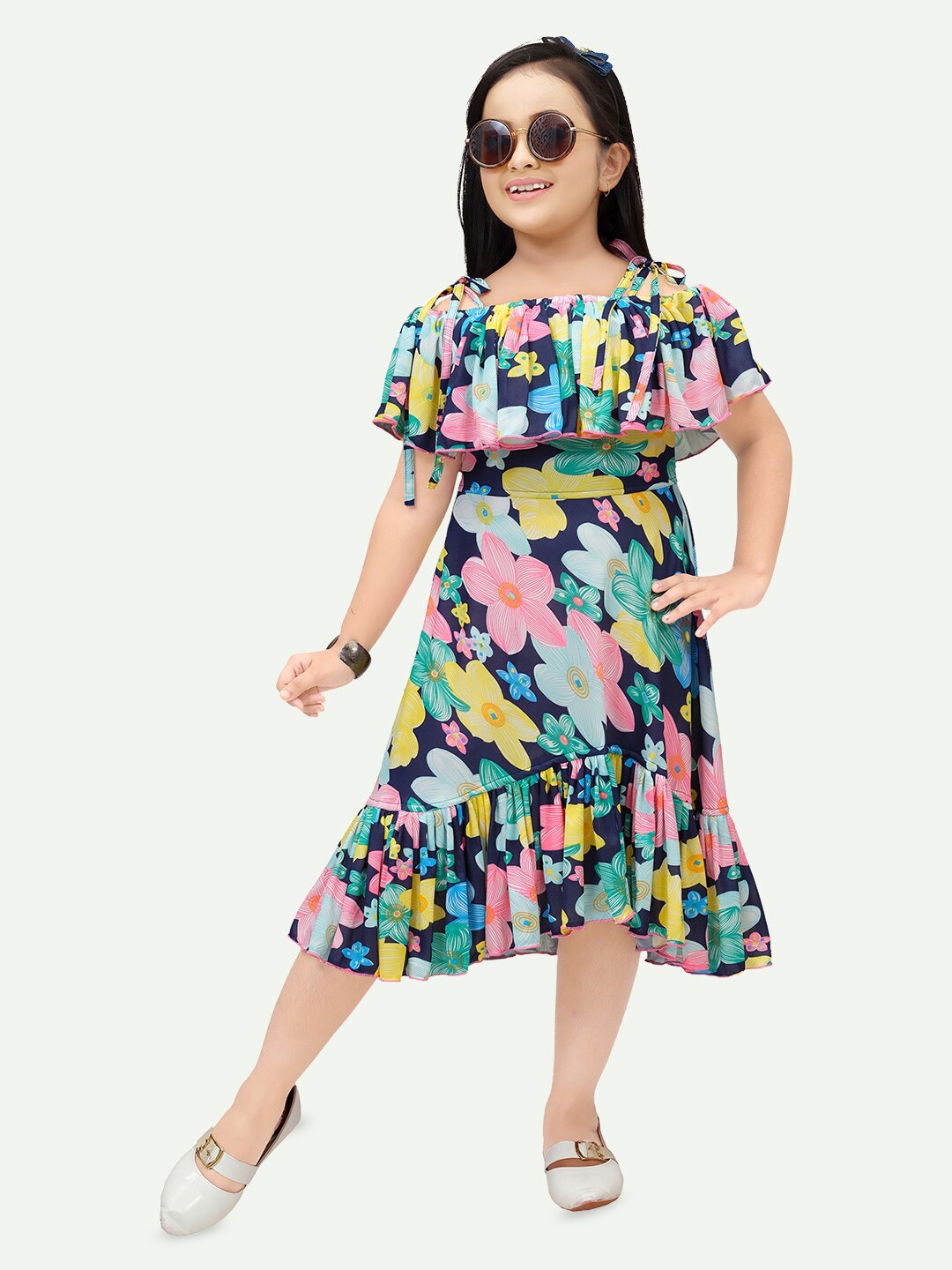 

BAESD Floral Printed Off-Shoulder Fit & Flare Midi Dress, Navy blue