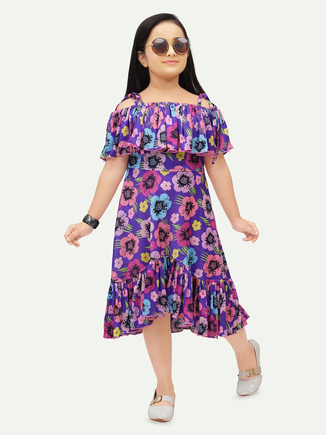 

BAESD Floral Printed Off-Shoulder Cotton Fit & Flare Midi Dress, Purple
