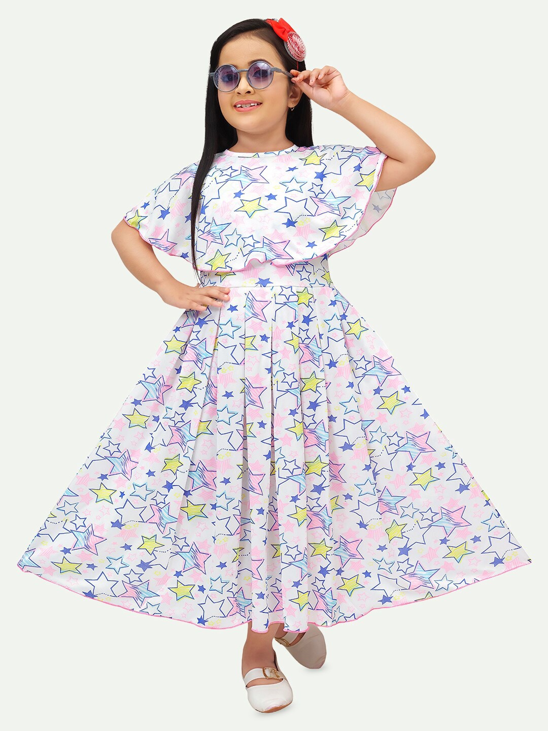 

BAESD Girls Conversational Printed Cape Sleeves Pleated Cotton Maxi Fit & Flare Dress, Pink