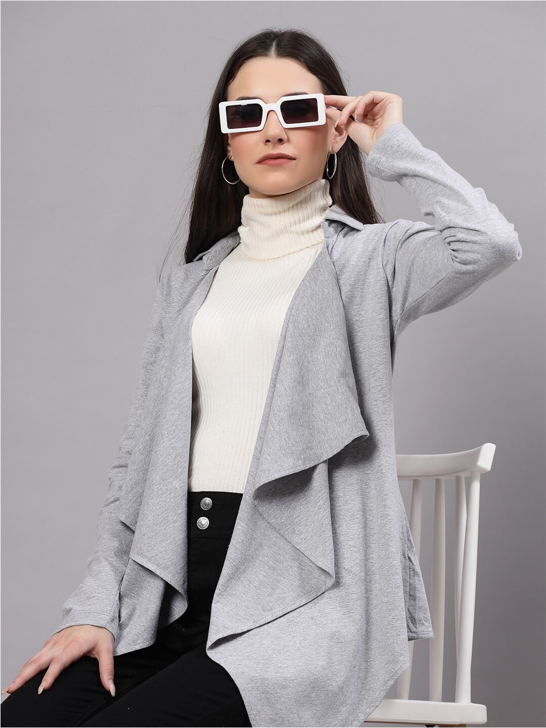 

Style Quotient Spread Collar Cotton Open Front Shrug, Grey