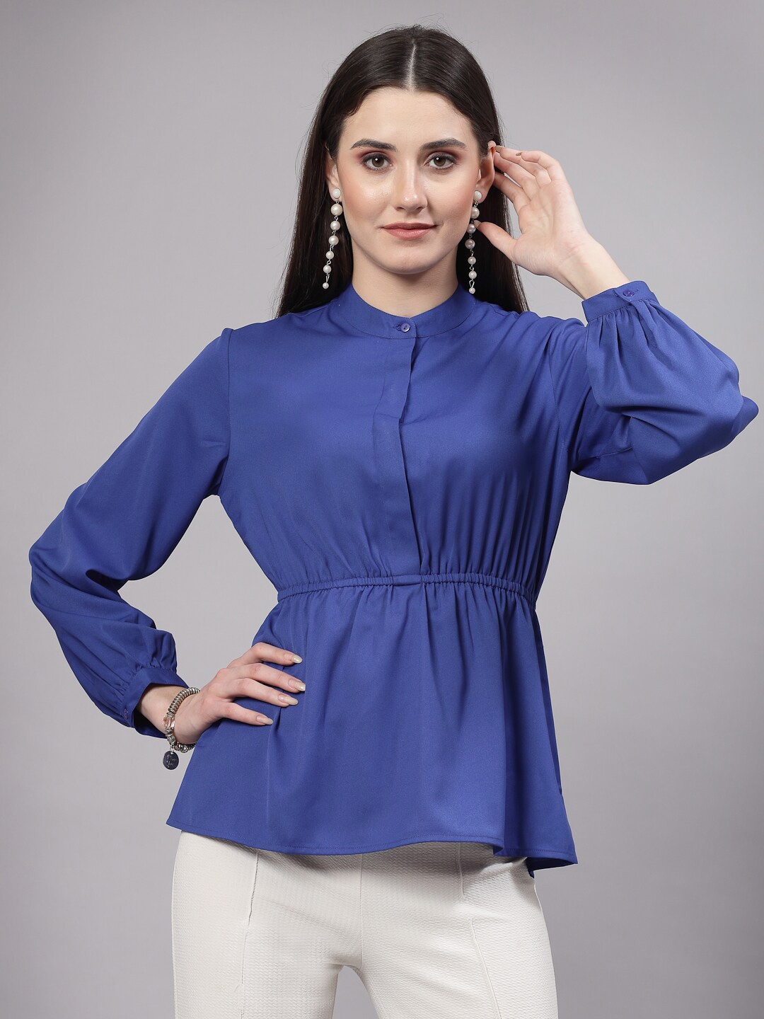 

Style Quotient Blue Mandarin Collar Cuffed Sleeves Peplum Top