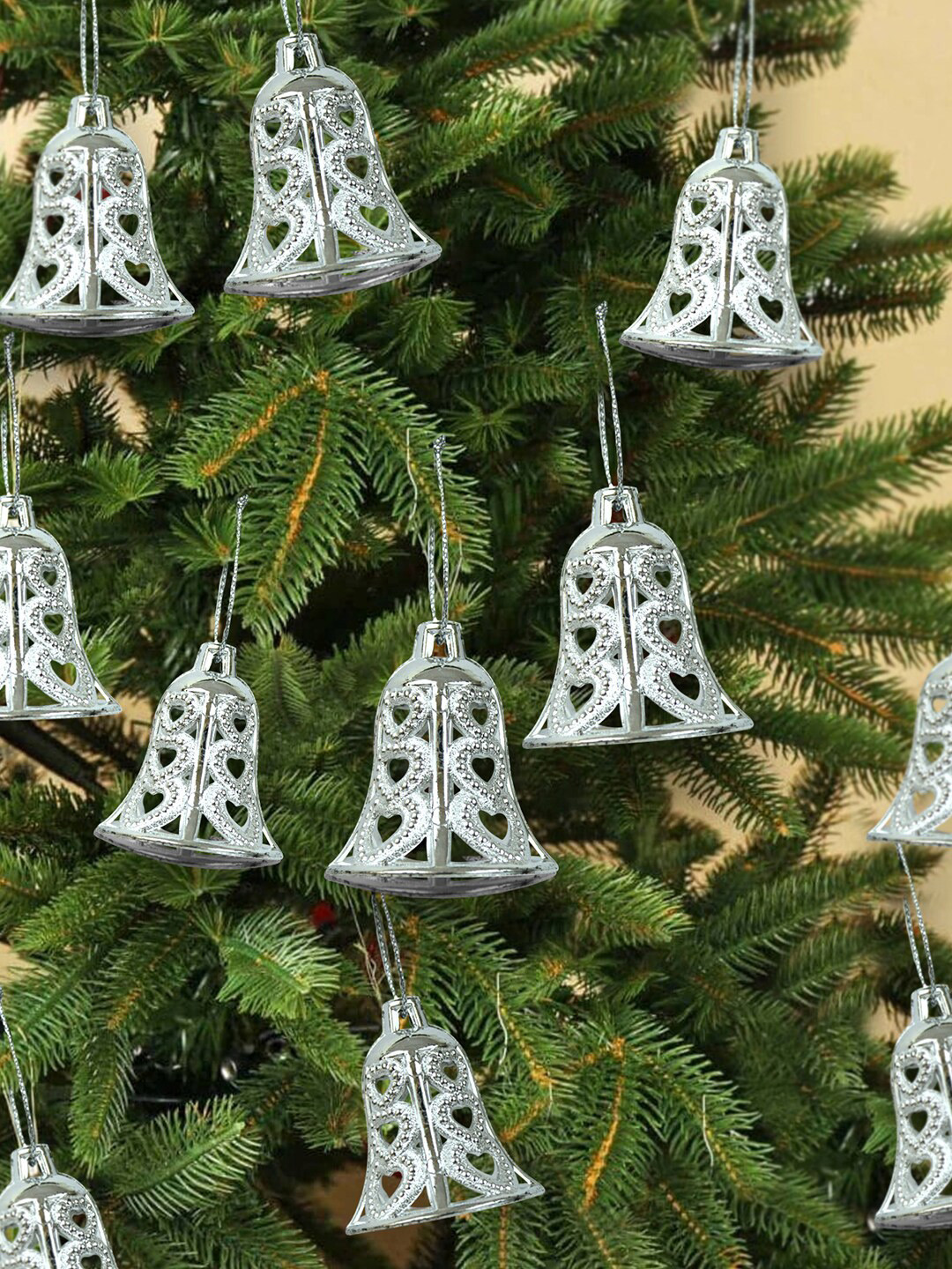 

TIED RIBBONS Sliver Toned 12 Pieces Christmas Tree Hangings, Silver