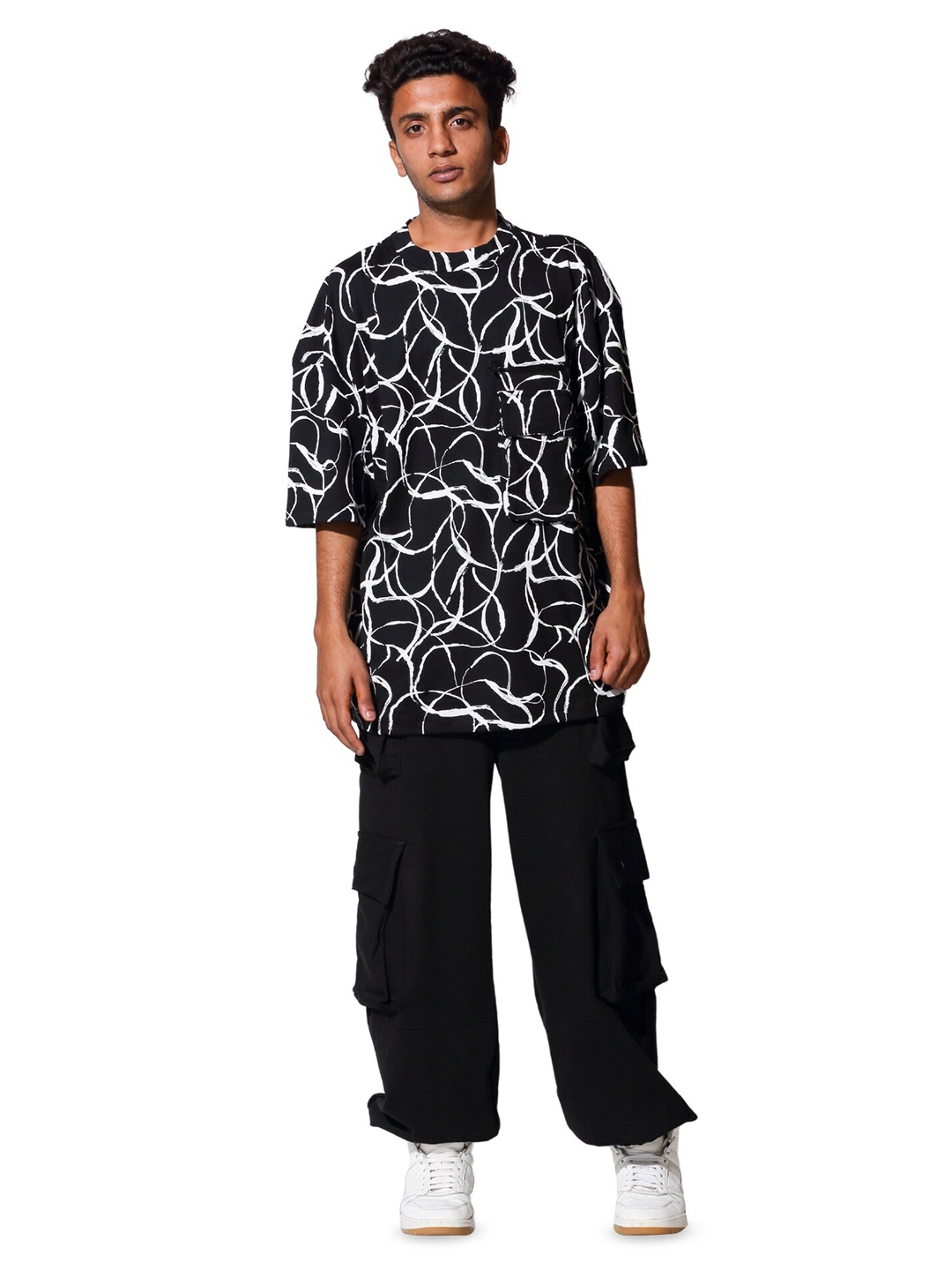 

AMPED Boys Abstract Printed Drop-Shoulder Sleeves T- Shirt, Black