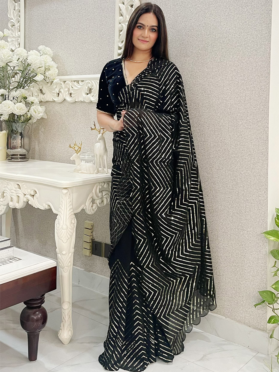 

Anouk Black Embellished Sequinned Poly Georgette Designer Saree