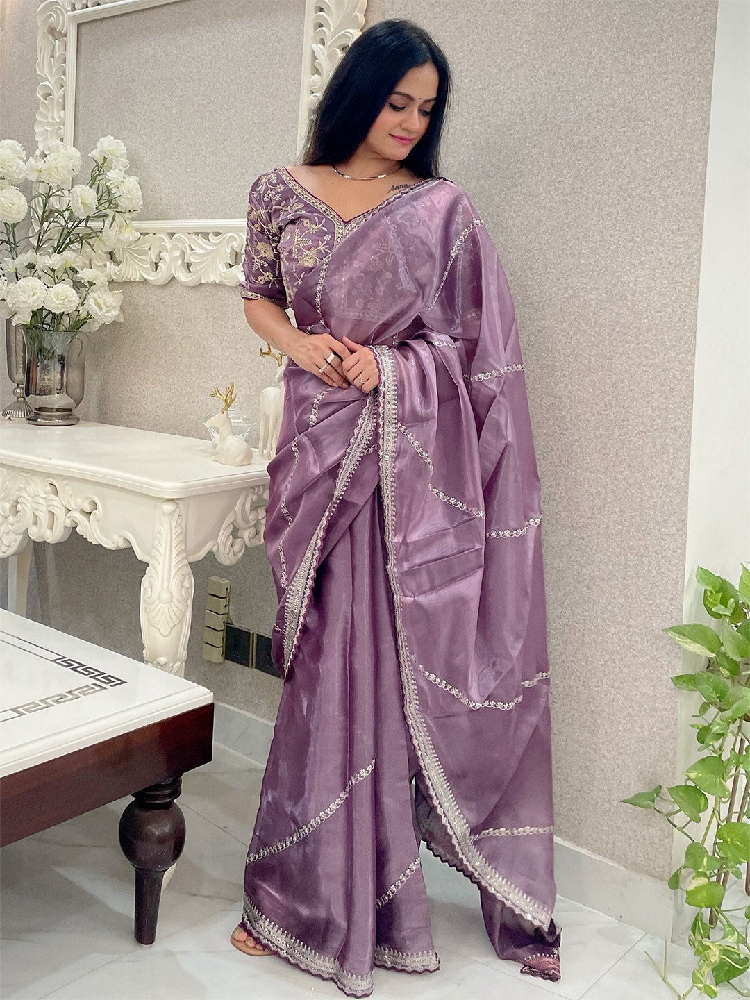

Anouk Purple Striped Embroidered Organza Saree