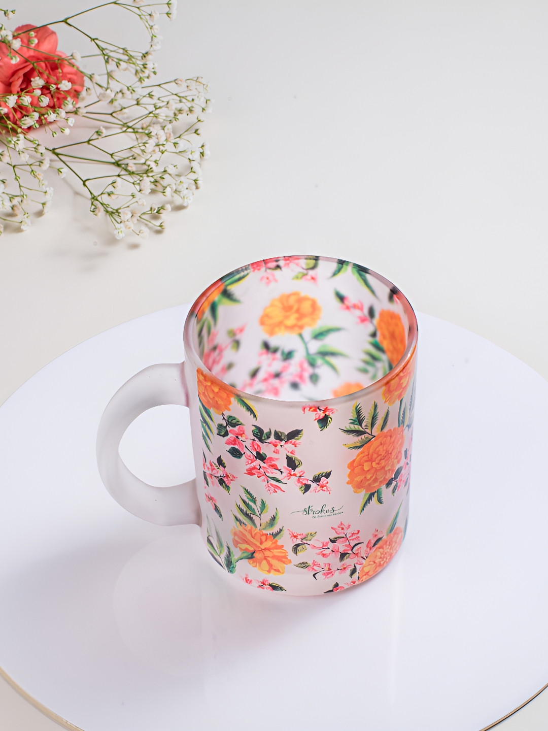 

Strokes by Namrata Mehta Orange Floral Printed Glass Transparent Mug 350 ml