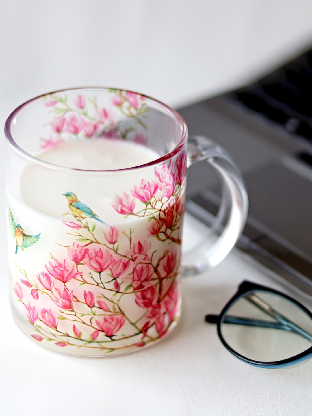 

Strokes by Namrata Mehta Pink Floral Printed Glass Transparent Mug 350 ml